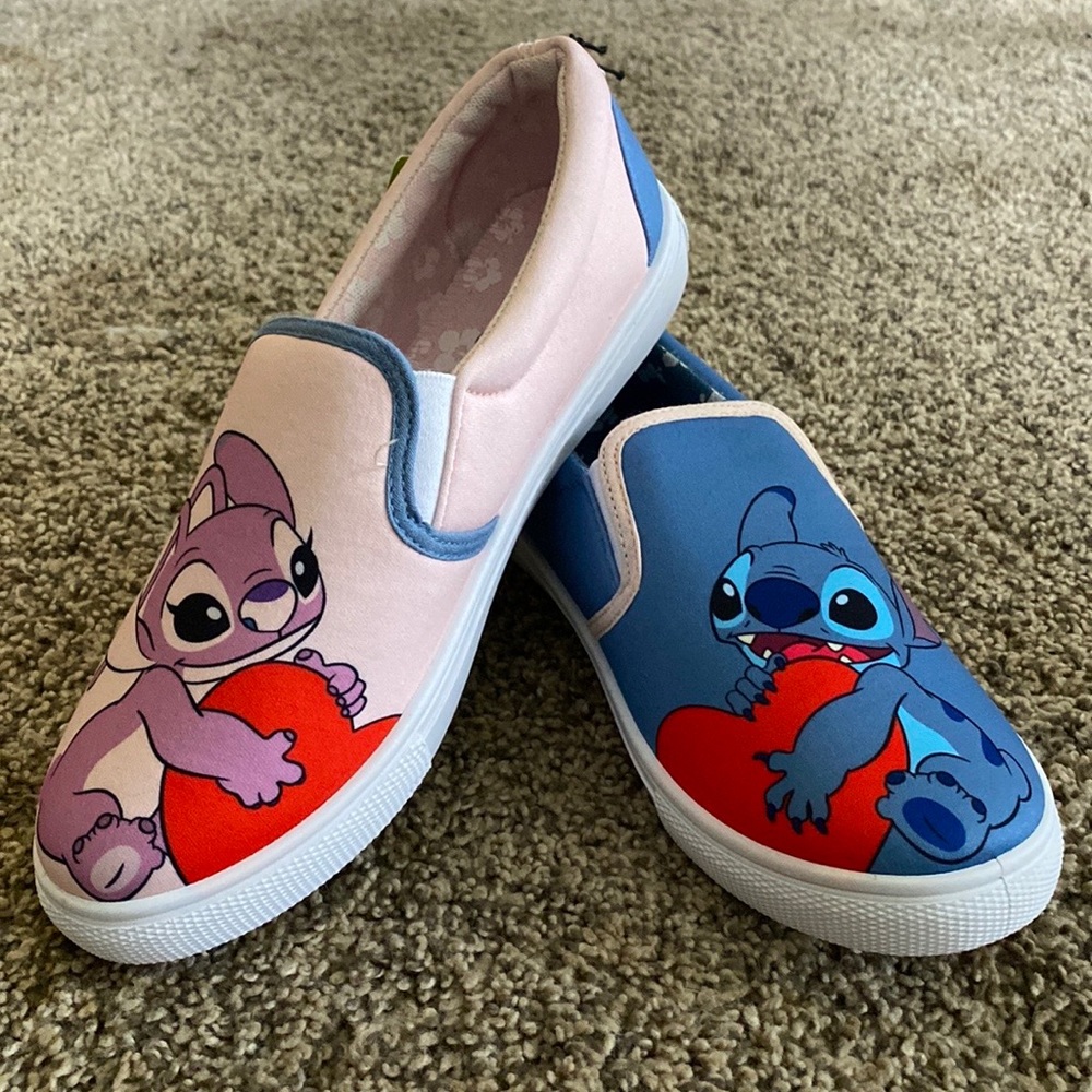 Angel and stitch shoes brand new! Never warn each is holding half a heart